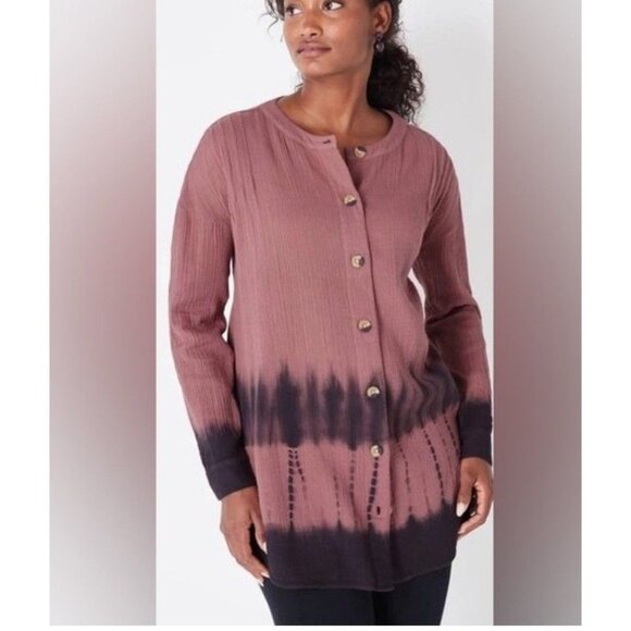 Pure Jill Womens Medium Petite Cotton Gauzy Button Up Tunic Top Ombre Shirt - Picture 1 of 10